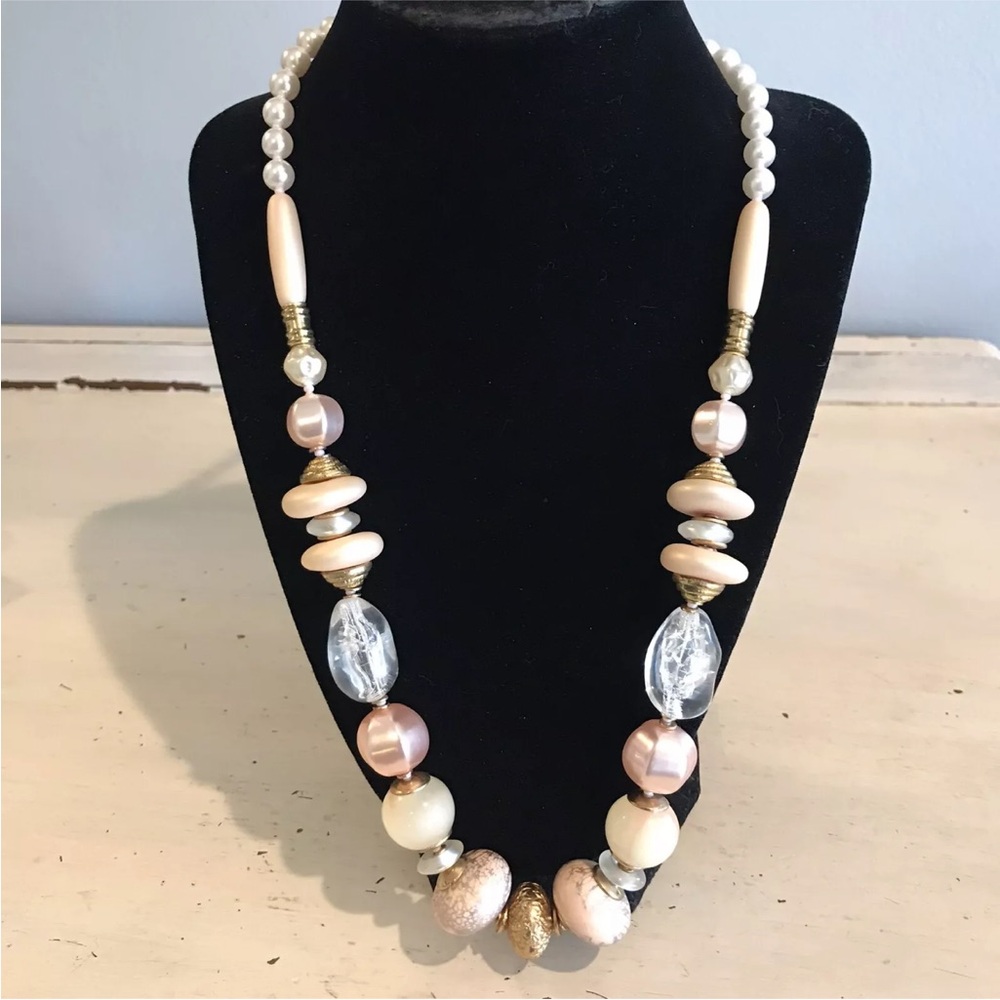 Vintage Italian Beaded Necklace Marbled And Satin Sheen Beads Signed